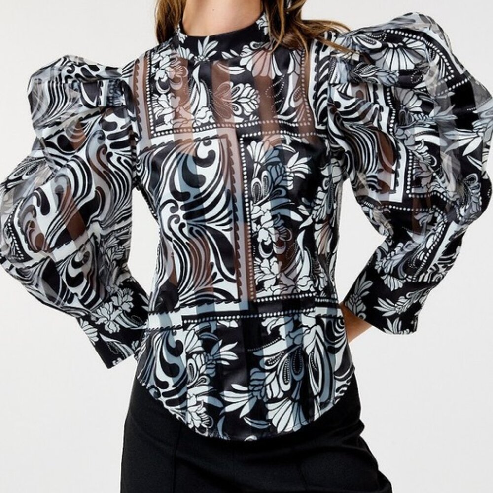Women's Black Bubble Sleeve Mock Neck Printed Blouse